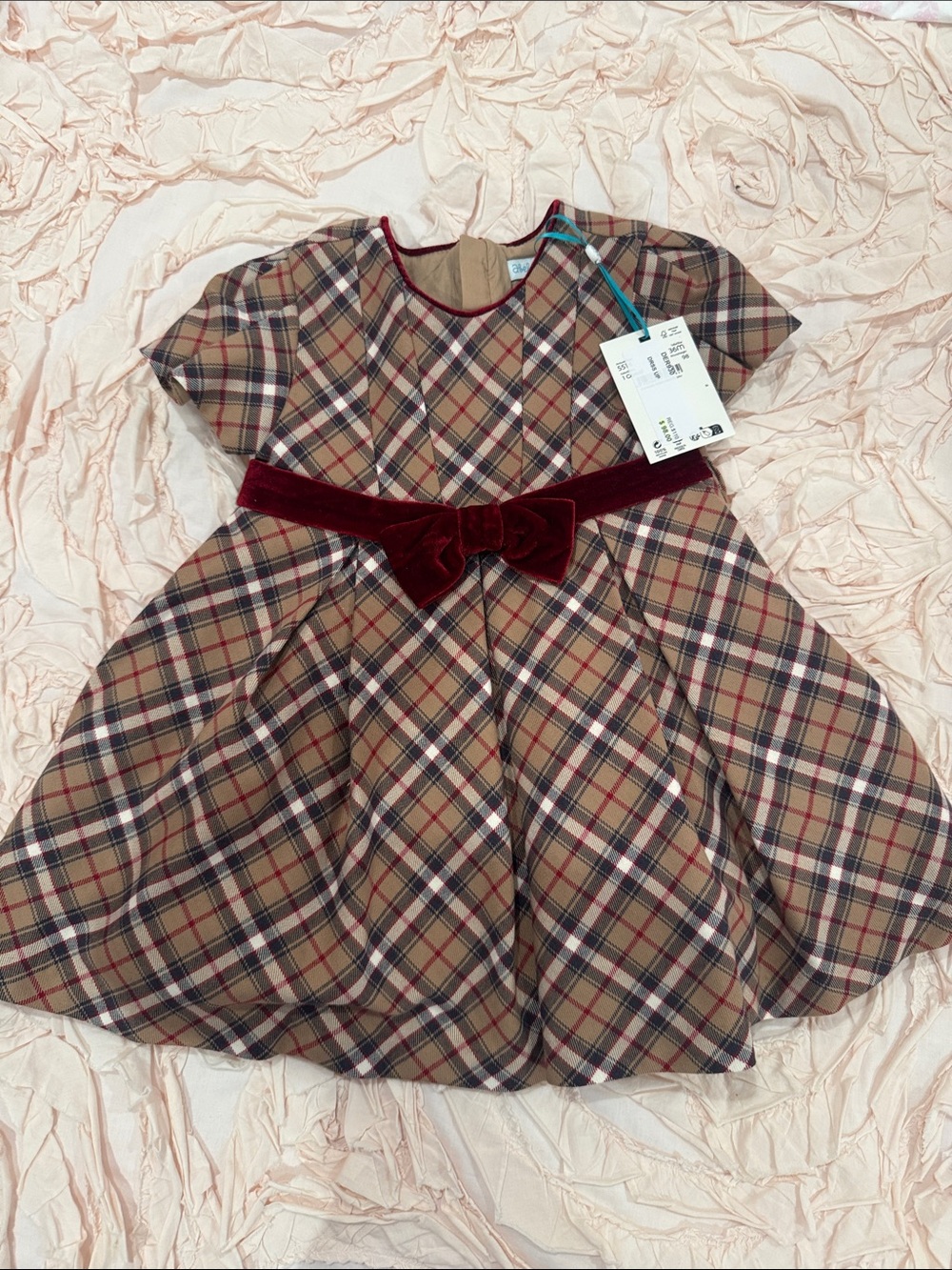 Classic Plaid Velvet-Bow Kids Dress - Burgundy Accent